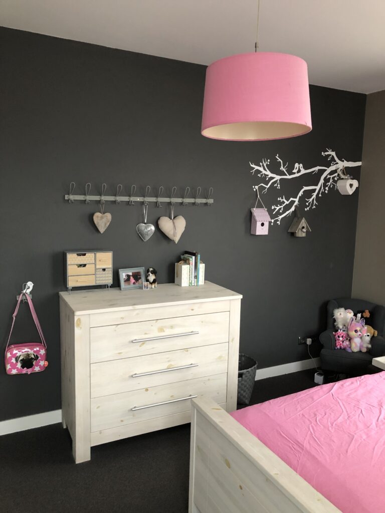 Muurschildering met vogelhuisjes in kinderkamer meisje